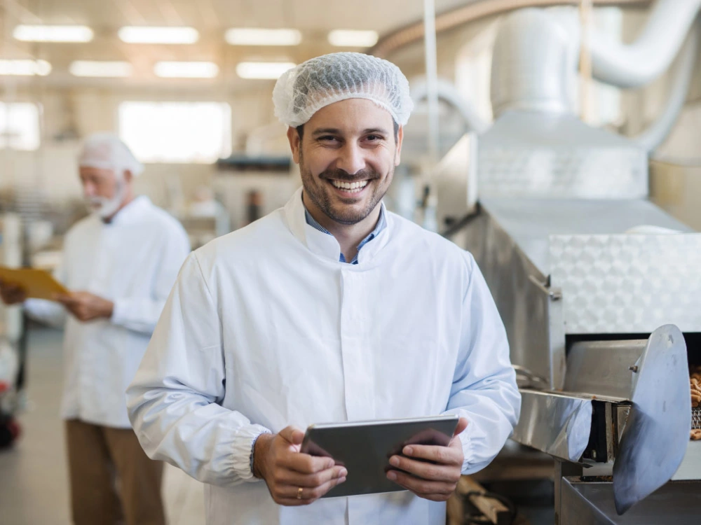 Man aan het werk in fabriek met haarnetje en lab jas en tablet